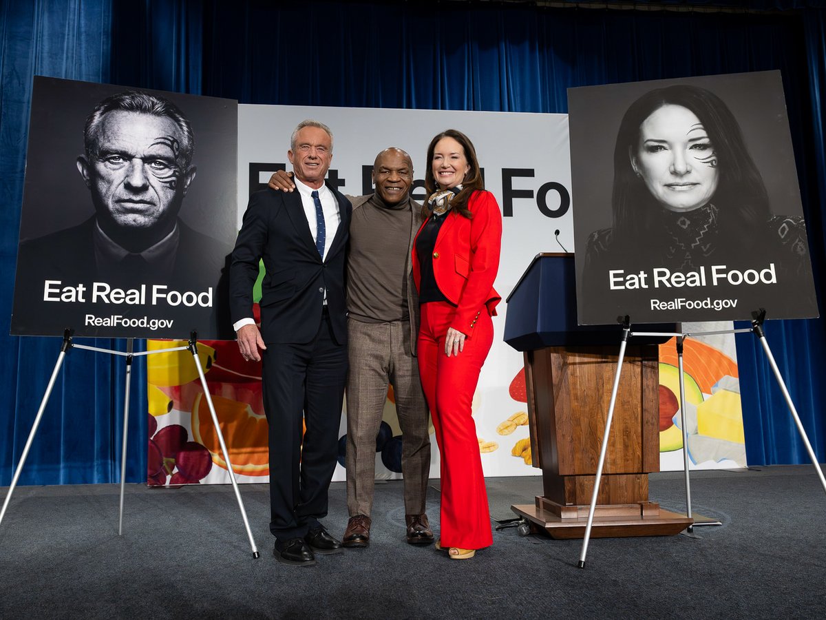 HHSGov's tweet photo. This week, HHS and @USDAgov marked the implementation of the 2025–2030 Dietary Guidelines for Americans with leaders from government, medicine, agriculture, industry, and legendary boxer @MikeTyson. 

The updated guidelines center on a simple message — Eat Real Food — and represent a coordinated effort to improve nutrition, reduce chronic disease, and Make America Healthy Again.