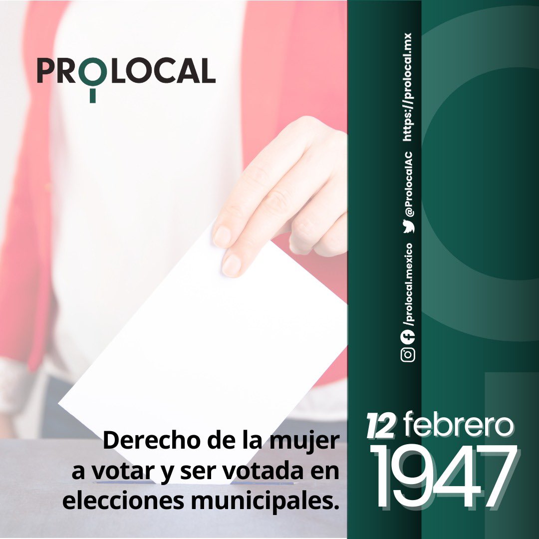 En 1947 se reconoció el derecho de las mujeres a votar y ser votadas en elecciones municipales 🗳️👩‍💼, marcando un hito en la participación política y el fortalecimiento de la democracia local en México.

#Prolocal