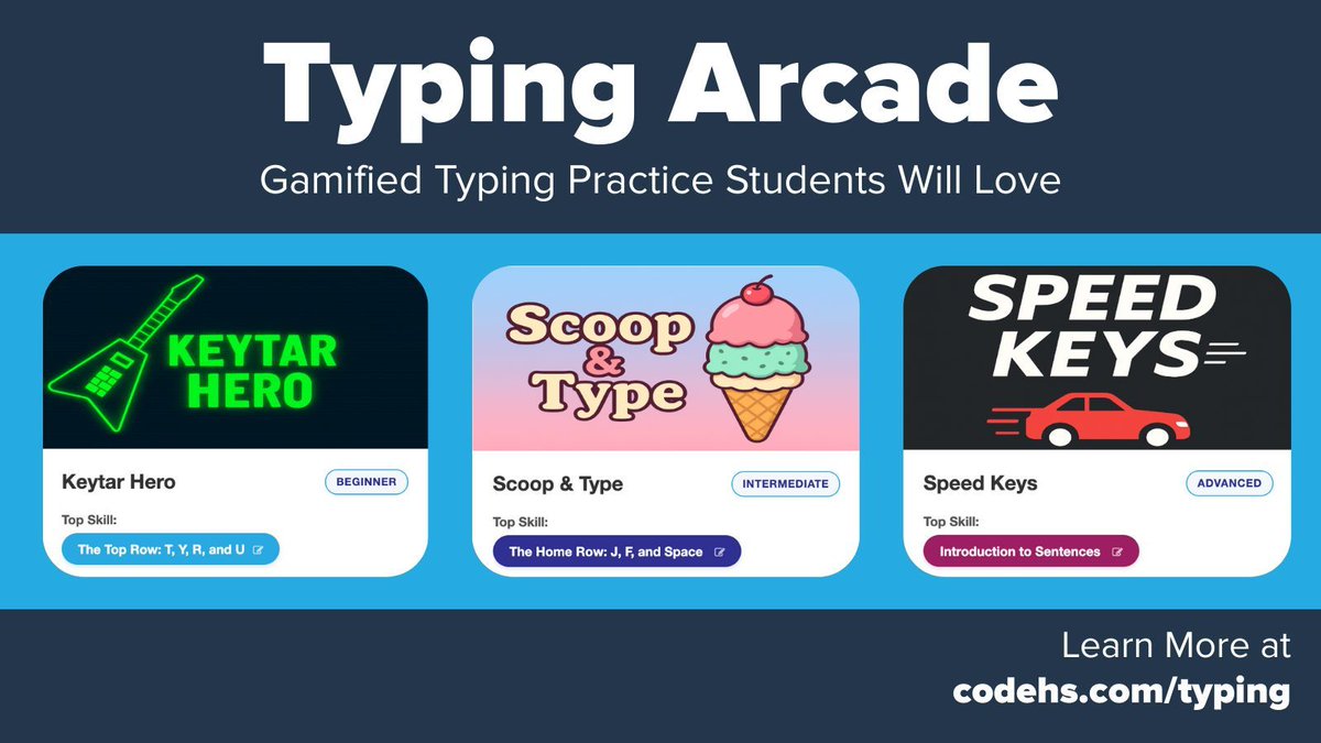 CodeHS's tweet photo. Typing practice doesn’t have to be boring. CodeHS Typing combines a self-paced curriculum and the Typing Arcade, filled with fun, gamified learning.

#Typing #Keyboarding  #Arcade https://t.co/zpWbek7hHs