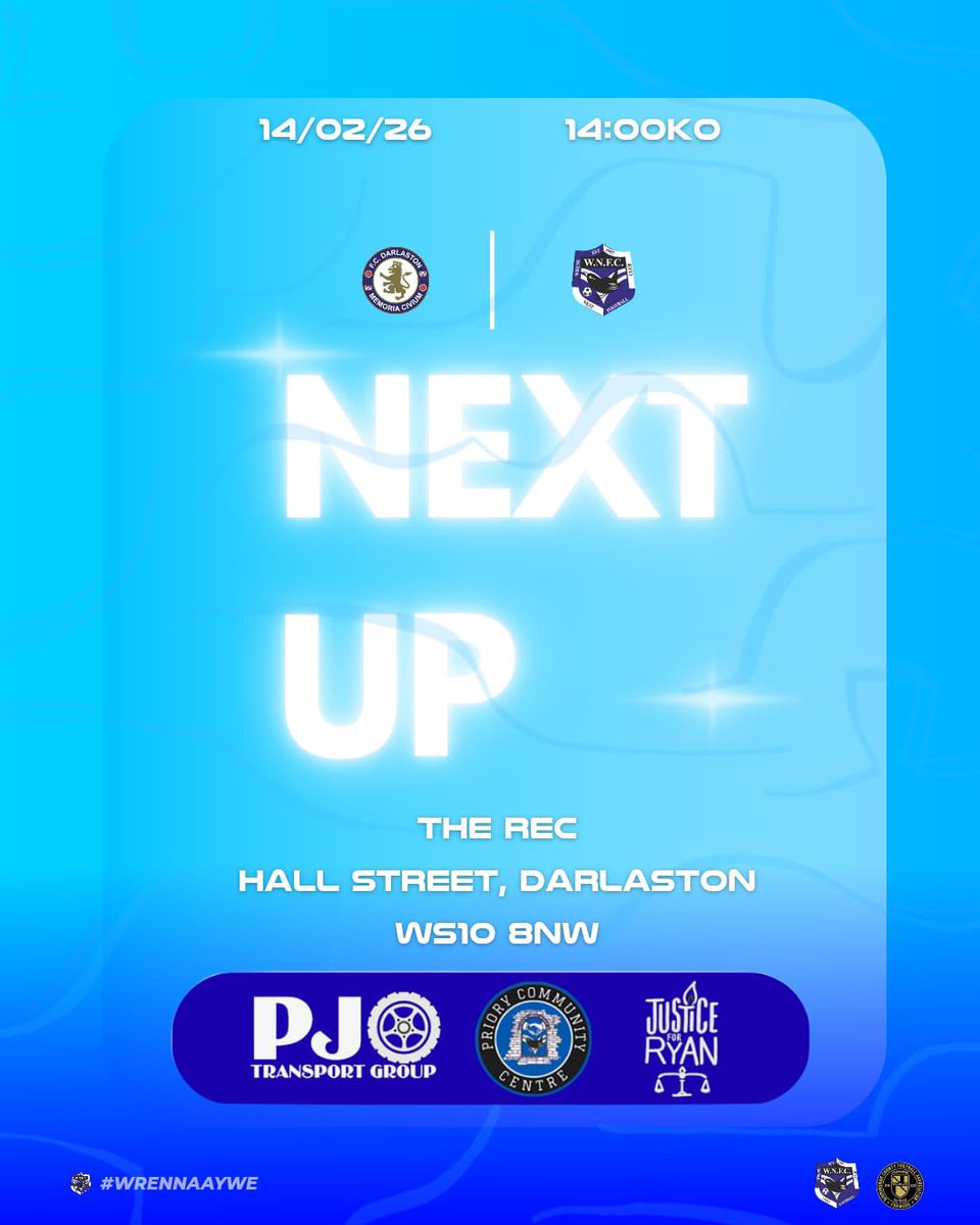 NEXT UP 🔜

FC Darlaston ⚔️
West Midlands Regional League 🏆
The Rec, WS10 8NW 🏟️
14-02-26 📆
2:00pm KO ⚽️

#wrennaaywe🧡💙