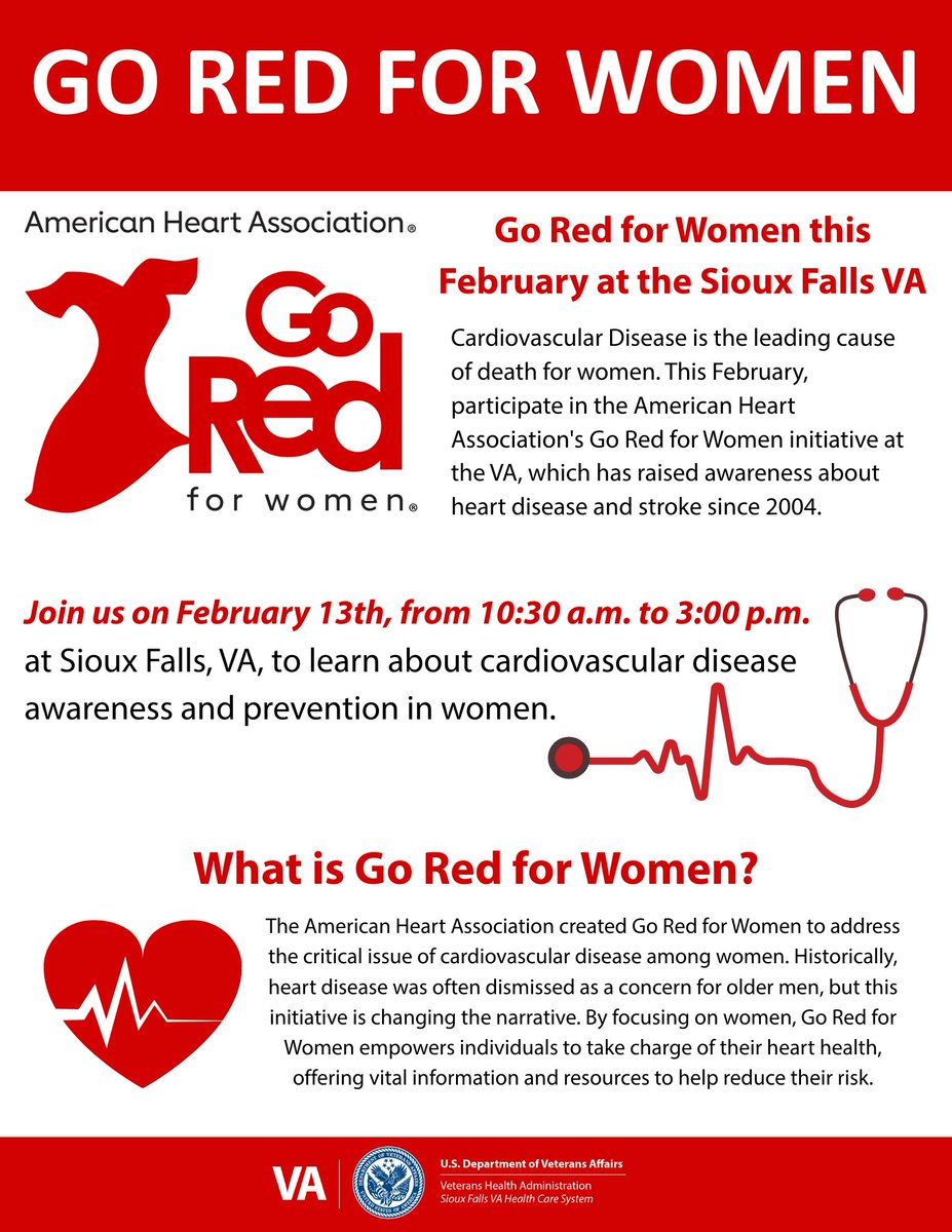 Tomorrow is Go Red For Women at the Sioux Falls VA! Learn more about heart health from 10:30 a.m. to 3:00 p.m.