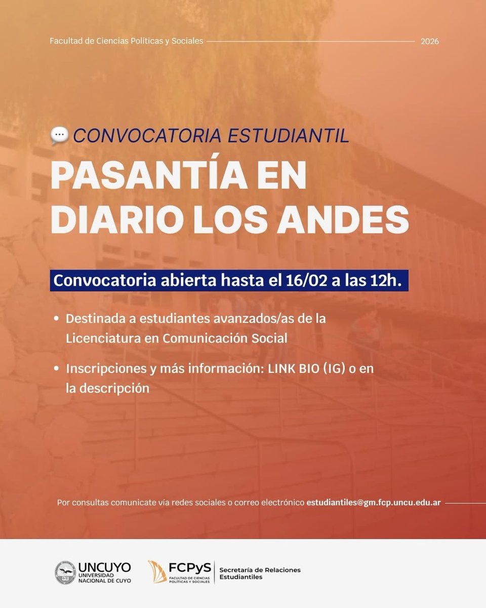 SREstudiantiles's tweet photo. 📝 Se convoca a estudiantes avanzados/as de la Licenciatura en Comunicación Social para realizar pasantía en Diario Los Andes.

📅 La convocatoria se encuentra abierta hasta el 16/02 a las 12h.

📲 Inscripciones https://t.co/7cO9wIelo7 https://t.co/H5G3vTsHDa