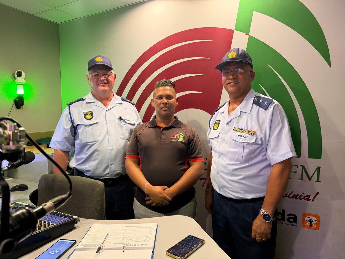 SAPoliceService's tweet image. #sapsNC The first “Meet and Greet” in Calvinia aired on Radio Kaboesna’s Midday Magic today. Guests included Namakwa District Head of Corporate Communication, Captain Ivan Magerman, and Calvinia SAPS Station Commander, Lt Col Andries Du Plessis. #CommunityPolicing #SAPS