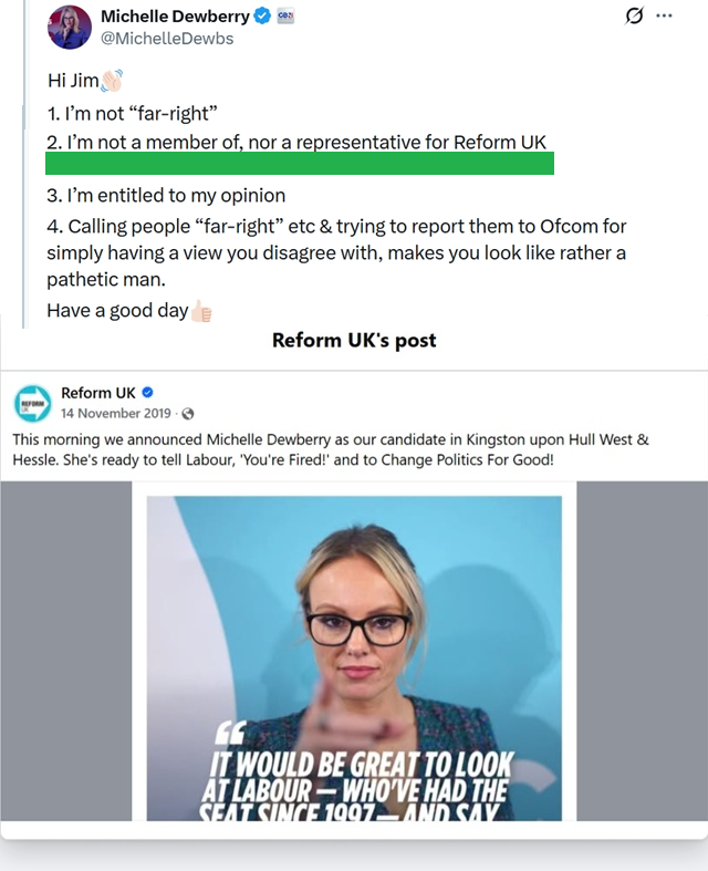 GBNews23653867's tweet photo. 🚨Is there anyone at @GBNEWS or @reformparty_uk that isn't a barefaced liar? @MichelleDewbs says she's "not a member of, nor a representative for Reform UK". You were only a parliamentary candidate in the Kingston upon Hull West & Hessle constituency!!! https://t.co/HSxq6YxTgH