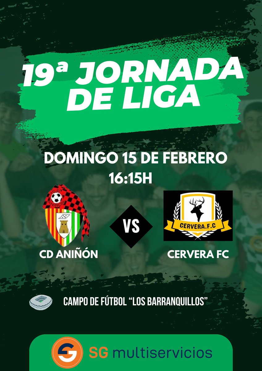 🚨💚 Aniñón vs Cervera, domingo a las 16:15.

Los Barranquillos acogen este domingo el derbi ante el Cervera. Los nuestros se dejarán todo por dar a la afición la alegría que se merece ante el líder de la categoría.

¡Os necesitamos más que nunca afición!