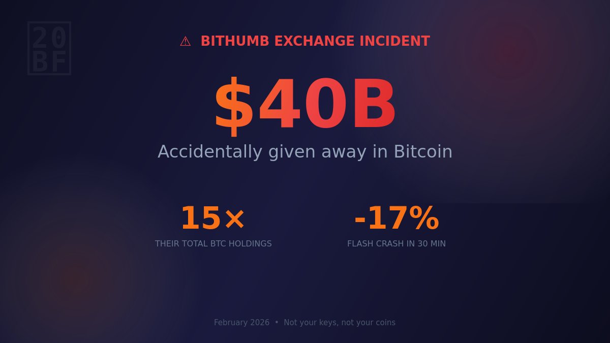 Bithumb gave away $40B in BTC by accident—15× their total holdings. 17% flash crash in 30 minutes.

One exchange bug just cost more than most countries' GDP.

Self-custody isn't paranoia. It's math.