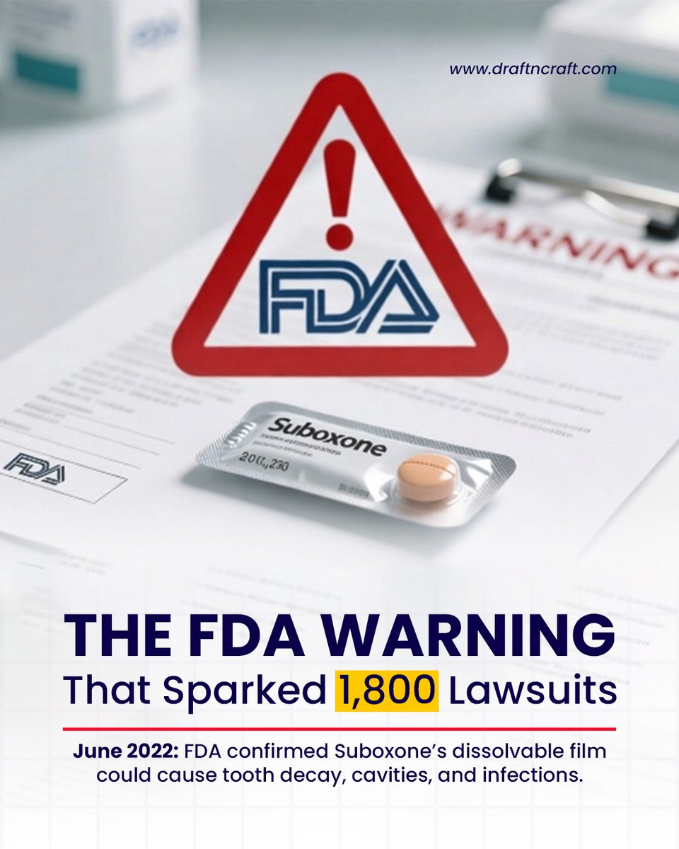 draftncraft's tweet photo. ⚠️ 1 FDA warning. 1,800 lawsuits.
The FDA’s 2022 alert linked Suboxone’s dissolvable film to tooth decay, oral infections &amp; dental damage.
Now part of MDL 3092 in the Northern District of Ohio — litigation continues nationwide. ⚖️
#SuboxoneLawsuit #FDAWarning #MassTort https://t.co/nnqJ0m6Cii