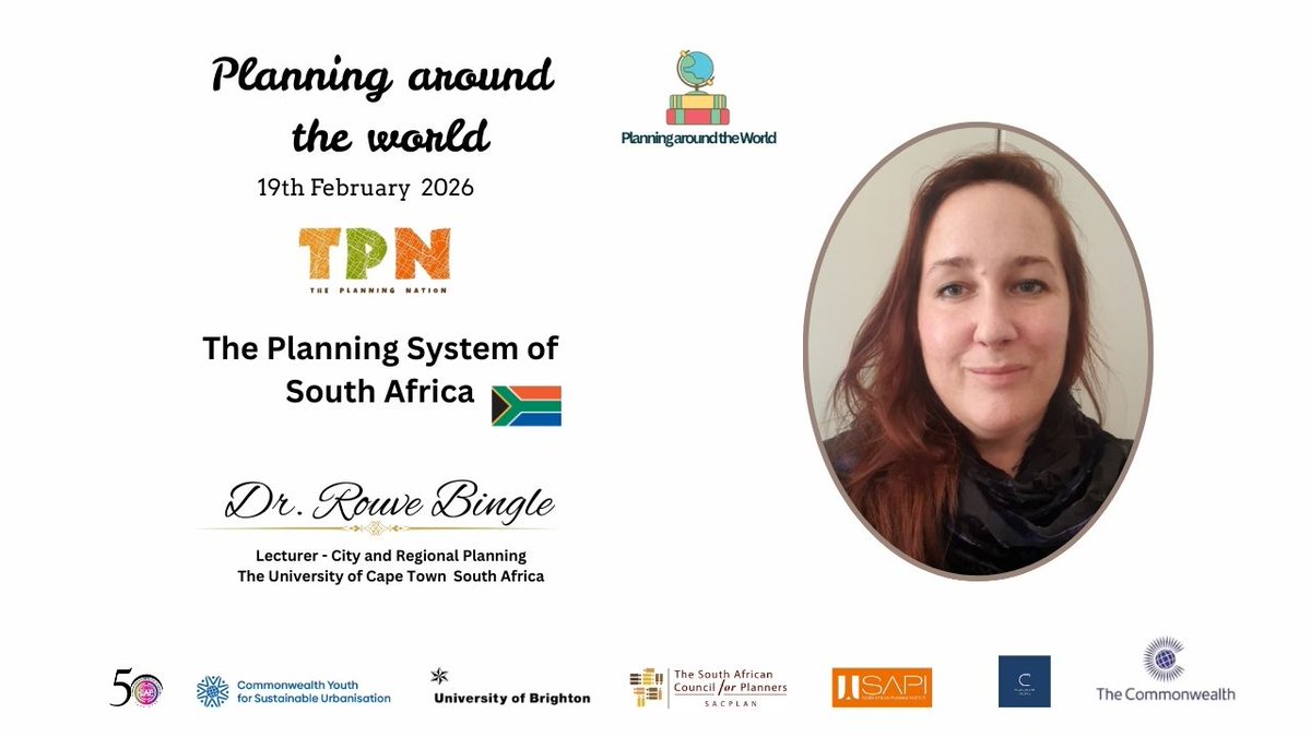 ThePlannetwork's tweet photo. We  welcome Dr. Rouve Bingle (PhD) ,Lecturer-Spatial Planning and Land Governance at the University of Cape Town,South Africa on this episode of Planning Around the World.
📍 Premieres Thursday 19 February 2026 | 11.00 GMT
🎥 https://t.co/AV1ph3drls
#PlanningAroundTheWorld https://t.co/P9unRxGQx1