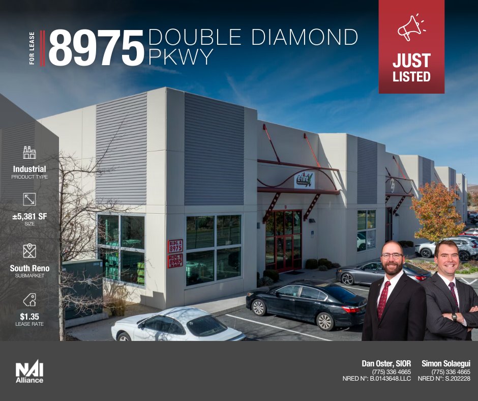 Now Available ✨ 

📍8975 Double Diamond Parkway

±5,381 SF industrial space available at 8975 Double Diamond Pkwy — located in one of Reno’s most in-demand industrial corridors.

Contact Dan Oster or Simon Solaegui for more details!

#RenoIndustrial #CRE #JustListed #SouthReno