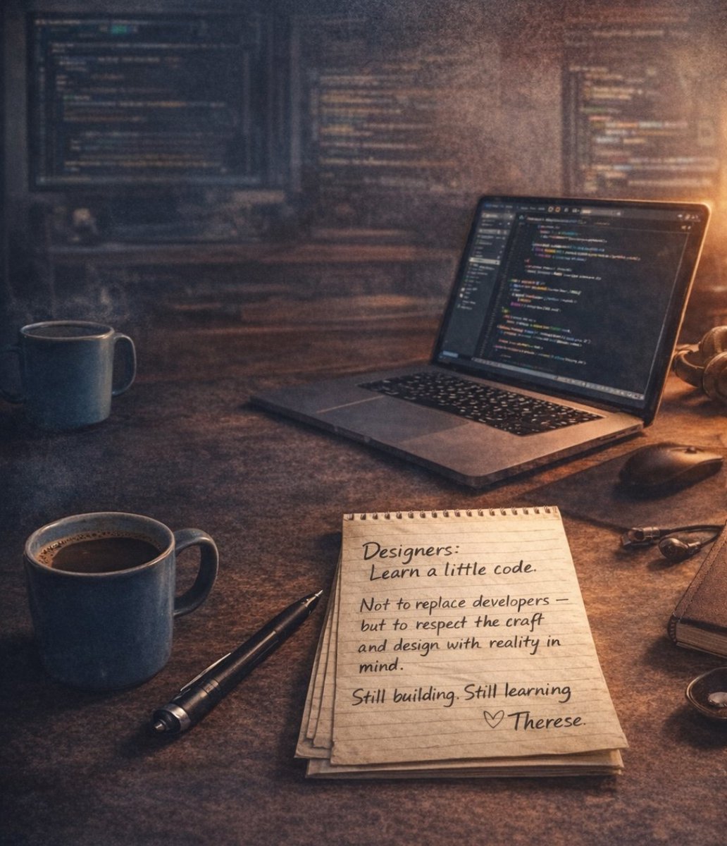 I started learning frontend &amp; mobile dev not to leave design, but to design better.

Key lessons for designers:
✓Feasibility matters.
✓Constraints create clarity.
✓Code awareness improves handoff, collaboration &amp; confidence.

Design isn’t just how it looks.
It’s how it works..