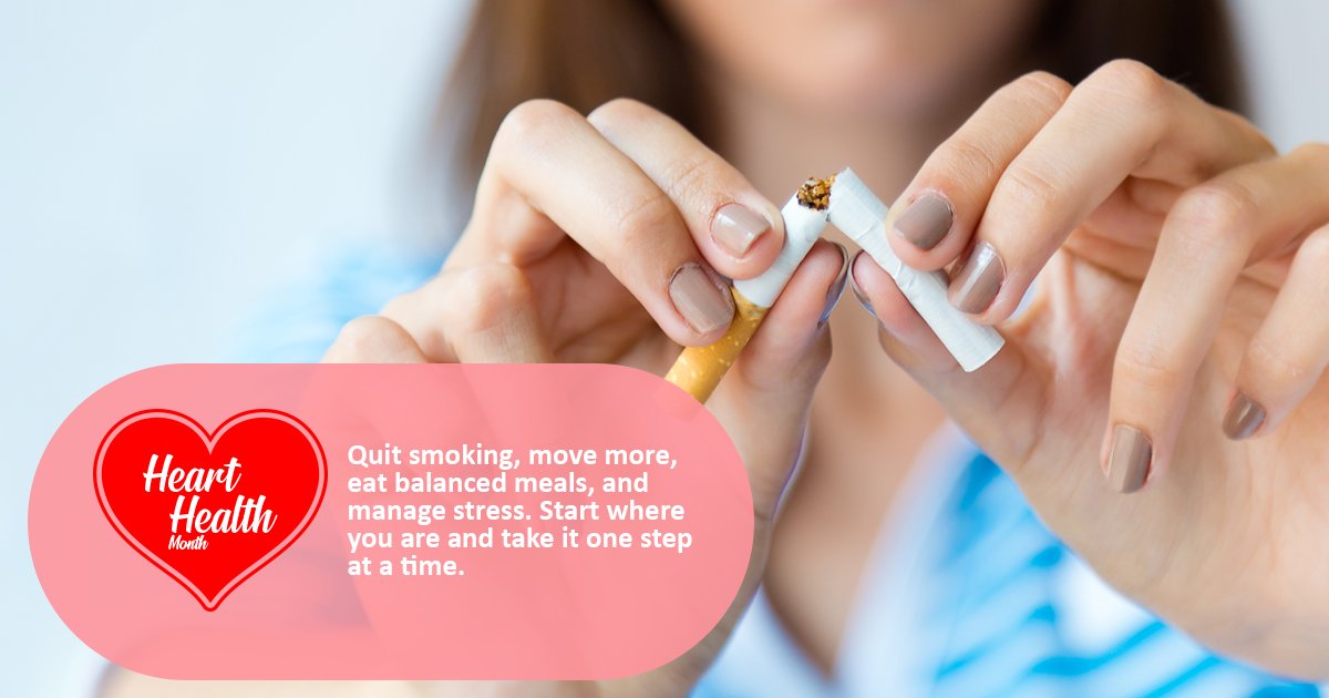 Quit smoking, move more, eat balanced meals, and manage stress. Start where you are and take it one step at a time. cdc.gov/heart-disease/… #HeartHealthMonth