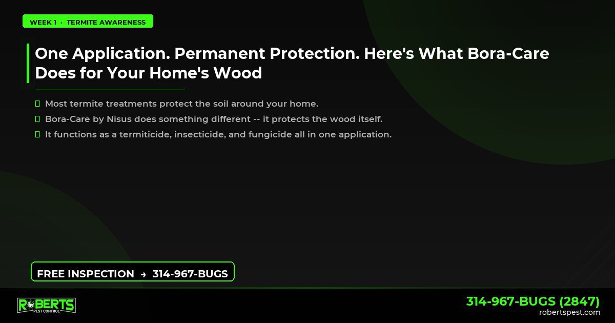 Robertspest's tweet image. One Application. Permanent Protection. Here's What Bora-Care Does for Your Home's Wood

Most termite treatments protect the soil around your home.

314-967-BUGS | robertspest.com
#TermiteControl #PestPrevention #BUGSSTL