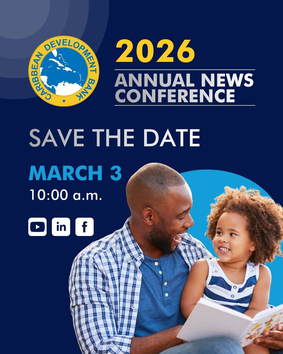 Caribank's tweet photo. 📅 Save the Date!
The @caribank Annual News Conference is happening on March 3, 2026 at 10 AM (AST).
Catch it LIVE on CDB’s YouTube, LinkedIn & Facebook pages.
Stay tuned for more details!
#ourCDB #CDBAnnualNewsConference2026 #CaribbeanDevelopment #CaribbeanFutures https://t.co/oZujKGAHZy