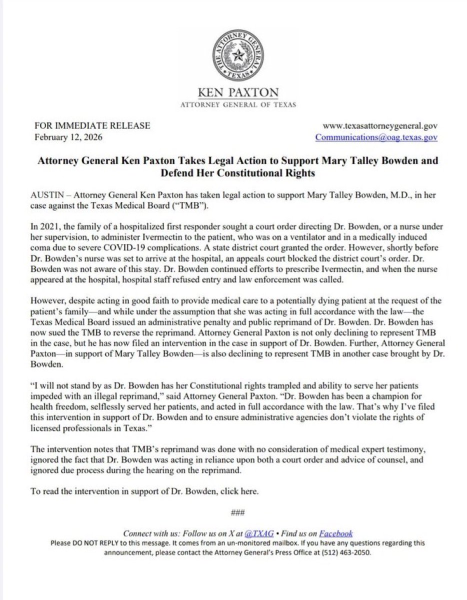 BREAKING:

Covid-era hero Dr. Mary Bowden just received massive legal support from Texas AG Ken Paxton in her case against the Texas Medical Board.

“Dr. Bowden has been a champion for health freedom, selflessly served her patients, and acted in full accordance with the law.”