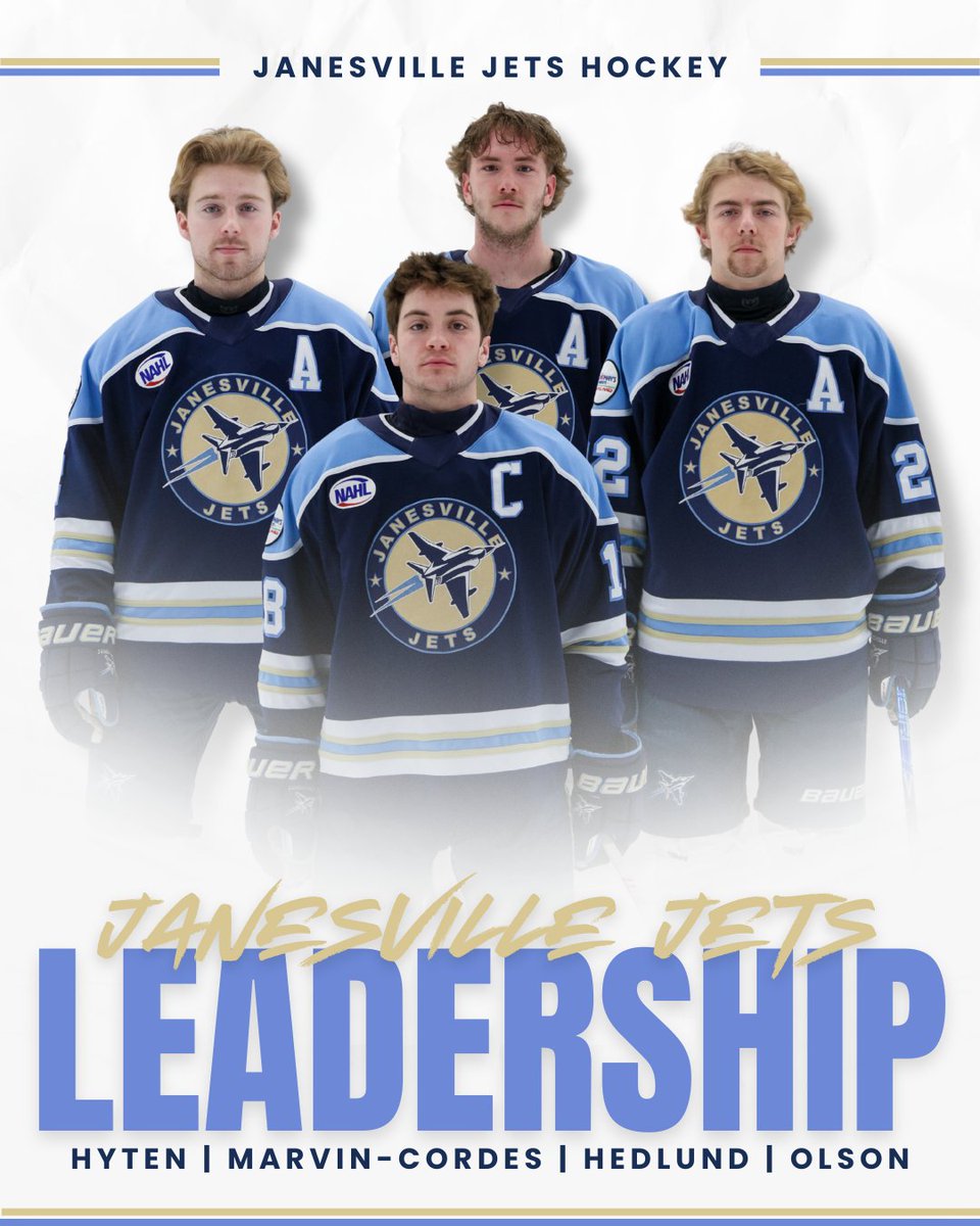 JanesvilleJets1's tweet photo. YOUR 2026 LEADERSHIP TEAM ✈️
The Janesville Jets have added two assistant captains, Hans and Brody, to our leadership team. 

Captain: Joey Hyten 
Assistant Captain: Murray Marvin-Cordes
Assistant Captain: Hans Hedlund
Assistant Captain: Brody Olson

#JanesvilleJets #NAHL https://t.co/80eANLZnM9