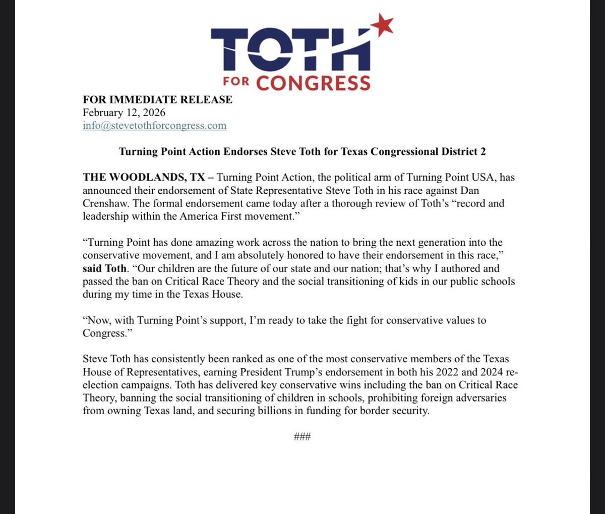 🚨Just in: TPUSA Action (<a href="/TPAction/">Turning Point Action</a>) has officially endorsed Steve Toth (<a href="/SteveTothTX/">Steve Toth</a>) against incumbent Republican Dan Crenshaw