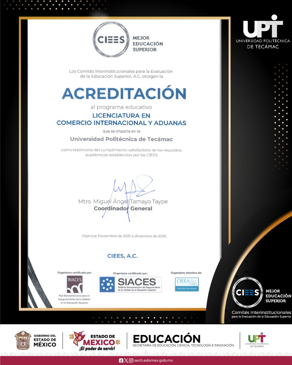 UPTecamac's tweet photo. #COLMILLOS La Universidad Politécnica de Tecámac celebra la acreditación CIEES del programa LICENCIATURA EN COMERCIO INTERNACIONAL Y ADUANAS
Este reconocimiento confirma que vamos por el camino correcto: calidad académica, mejora continua y formación de licenciadas y licenciados https://t.co/JEU96gu9MK