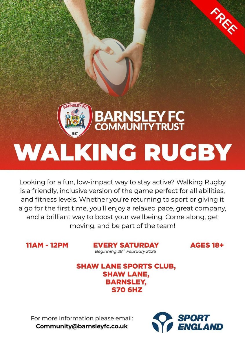 BarnsleyRUFC's tweet photo. Looking for a fun, low-impact way to stay active? Walking Rugby is a friendly, inclusive version of the game perfect for all abilities, and fitness levels. 

11AM - 12PM
EVERY SATURDAY
Beginning 28th February 2026
AGES 18+
SHAW LANE SPORTS CLUB, SHAW LANE, BARNSLEY, S70 6HZ https://t.co/1gRAU1kppi