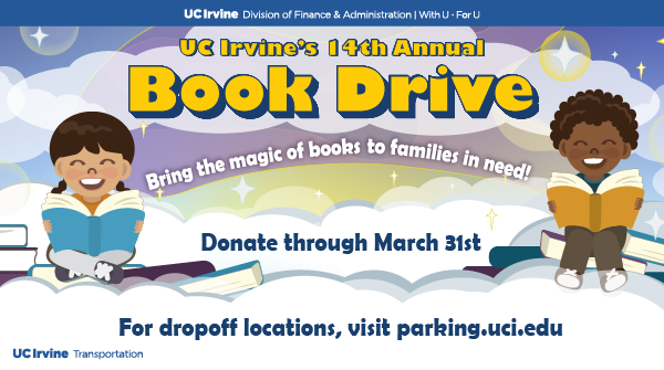 UCIParking's tweet photo. Help address the literacy needs of our local community by taking part in the 14th annual UC Irvine Book Drive! Join us by donating new and like-new books at UC Irvine drop-off locations through March 31. For more info, visit https://t.co/zrM6XdQVdk. https://t.co/1BjwverCRY