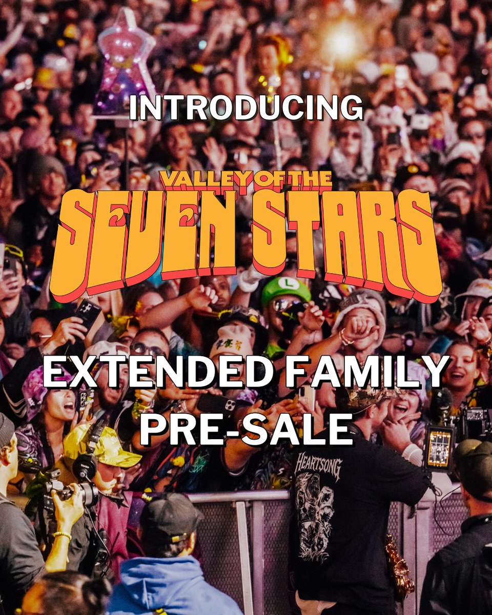 sevenstarsfest's tweet photo. The fam is growing! Seven Stars Extended Family Pre-Sale begins next week ⭐️⭐️⭐️⭐️⭐️⭐️⭐️

🛸Extended Family Pre-Sale Opens: February 17, 1pm ET
🏕️Extended Family Pre-Sale Closes: February 20, 5pm ET

More info at https://t.co/grM3jo56dG https://t.co/M36N90khZE