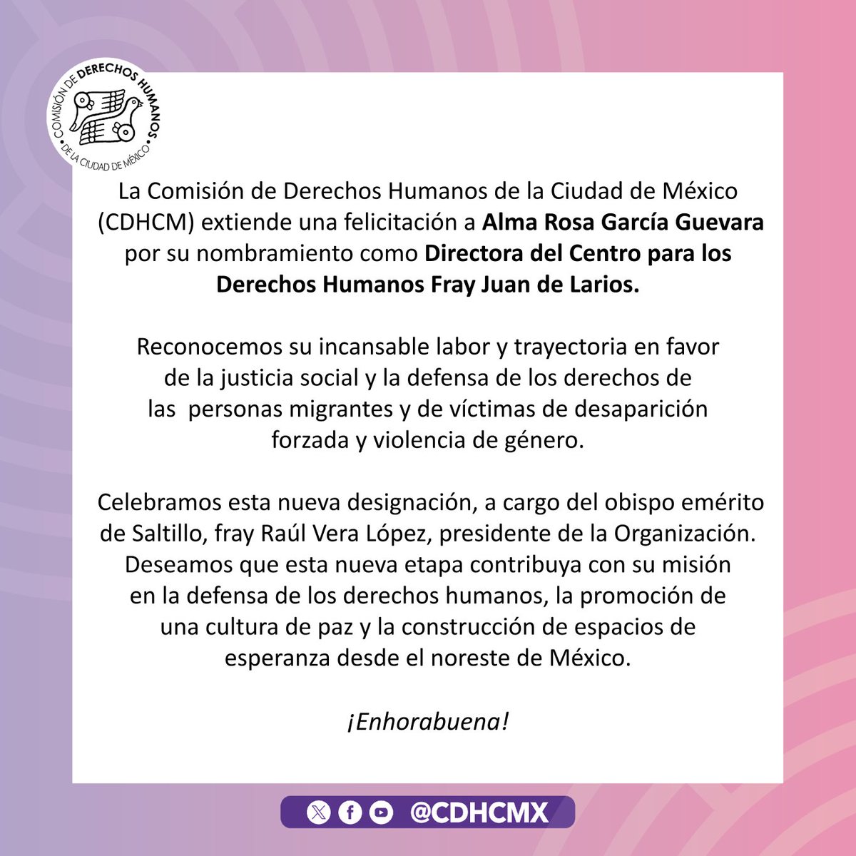 La Comisión de Derechos Humanos de la Ciudad de México #CDHCM celebra la designación de Alma Rosa García Guevara como Directora del Centro para los Derechos Humanos <a href="/FrayJuanLarios/">Fray Juan de Larios</a>.