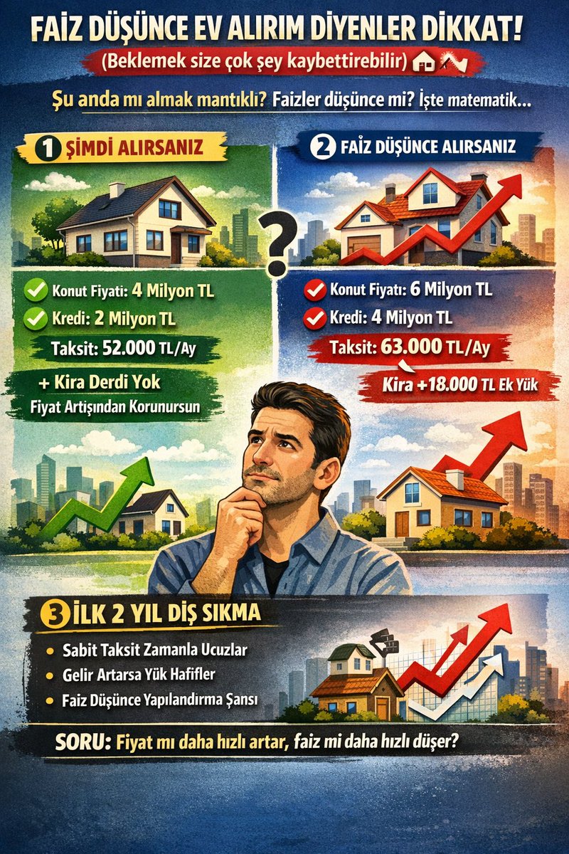 SelimZilkade's tweet photo. FAİZ DÜŞÜNCE EV ALIRIM DİYENLER 
(Beklemek çok şey kaybettirebilir) 🏠 📉

Şu anda mı almak mantıklı?
Faizler düşünce mi? 

İşte matematik. Adım adım anlatıyorum.

1️⃣ ŞİMDİ ALIRSANIZ

Örneklerle anlatıyorum

Elinizde 2 milyon TL peşinat olduğunu varsayalım.
(Otomobil, altın, hisse vs.)

- Konut fiyatı: 4 milyon TL
- Kredi miktarınız: 2 milyon TL
- Aylık taksit: 52 bin TL 
(faiz oranı 2,5)

4 milyon TL'lik bir konutun ortalama kirası 45.000 TL'dir. Bu hesaba göre +7bin TL vererek konut sahibi oluyorsunuz

Artık kira gideriniz olmaz..
2 yıl zor geçer...
Ancak konut fiyat artışından etkilenmezsiniz..

2️⃣ FAİZ DÜŞÜNCE ALIRSANIZ

Elinizde hala 2 milyon TL peşinat olduğunu varsayalım.
(Otomobil, altın, hisse vs.)

- Konut fiyatı: 6 milyon TL 
(faiz düşünce fiyatı arttı)
- Kredi miktarınız: 4 milyon TL
- Aylık taksit: 63.000 TL 
(faiz oranı: 1,20)

Bu hesaba göre mevcut kiranıza ek +18.000 TL ödemeniz gerekiyor.

NOT: Faizin düşmesini beklerken ödenen kiralar da boşa gitmiş oluyor.

3️⃣ İLK 2 YIL DİŞ SIKMA

Yüksek taksitler başta zorlar. Ancak:

- Enflasyonist ortamda taksitleriniz zamanla ucuzlar

- Geliriniz yıldan yıla arttıkça kredi yükü hafifler.

- Faiz düştüğünde yapılandırma imkanı doğar.

🌐ÖZET STRATEJİ

Faizler düştüğünde herkes ev almaya koşacak. Fiyatlar artacak

🤜Düşük faizle pahalı ev almaktansa, yüksek faizle ucuz ev almak daha kârlıdır.

Bir sonraki içerikte "Konut kredisi düşük faizle nasıl yapılandırılır" konusunu anlatacağım. Takipte kalmayı unutmayın! ✅