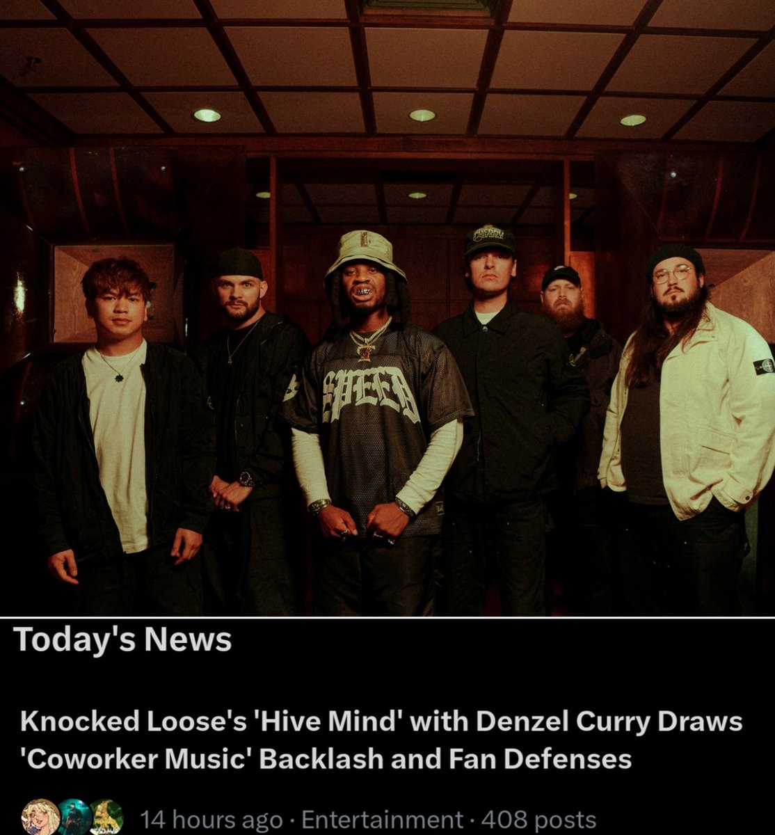SOTSPodcast's tweet photo. Knocked Loose "Coworker Music" discourse has gone viral as fans debate newest single Hive Mind featuring Denzel Curry. https://t.co/pazKLTQWOb