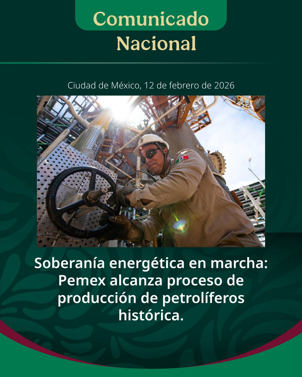 📍Soberanía energética en marcha: Pemex alcanza proceso de producción de petrolíferos histórica.

Comunicado nacional: pemex.com/saladeprensa/b…