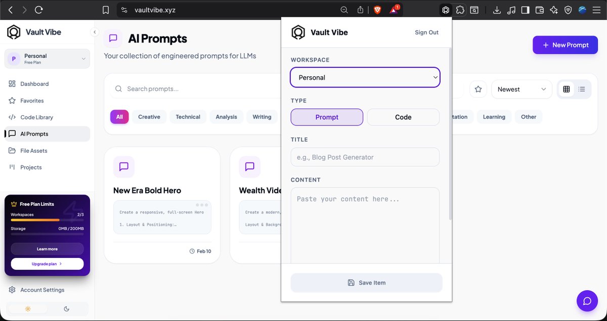 jownnnn's tweet photo. Want an easier way to save prompts? Try https://t.co/MswlD0CW6y — a tool for vibe coders who want to store prompts and reuse them anytime.

What makes it useful is the browser extension. Just right-click any prompt and save it straight to your workspace in seconds. https://t.co/Uz0AFXAEC1