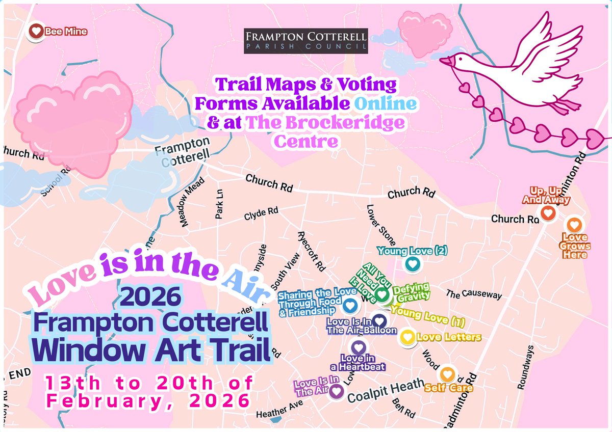 FramptonParish's tweet photo. 💕 "Love Is In The Air" Window Art Trail
📅 Date: 13th - 20th of February
📍 Location: Across Frampton Cotterell &amp; surrounding areas.

https://t.co/YgMiSFlykr

#FramptonCotterell #Art #ArtTrail #WindowArt #Valentines #Love #Community #LocalEvent #SouthGlos #FCPC https://t.co/S1IWARswAy