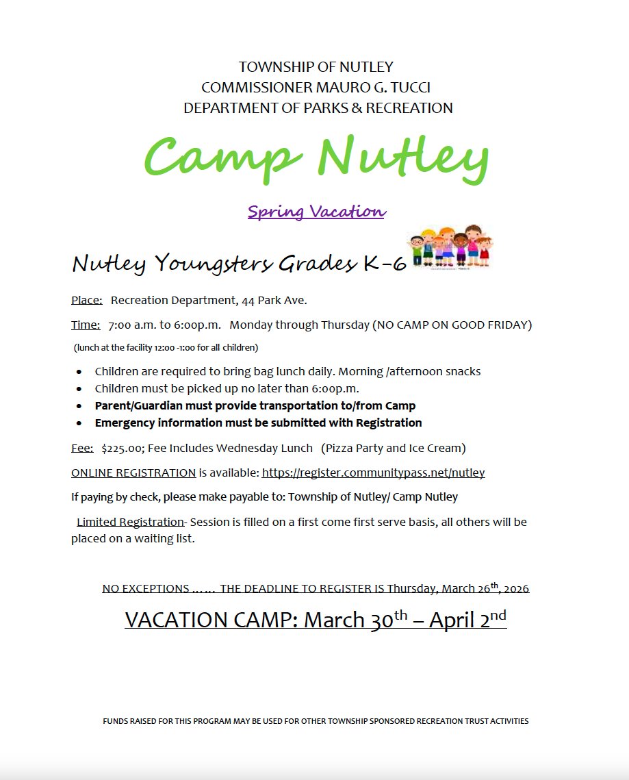 nutleynjgov's tweet photo. Commissioner Mauro G. Tucci and the Department of Parks and Recreation Announce the Return of Camp Nutley
https://t.co/j7V9QffynW
#nutleynj #NutleyCares #nutleyrules #destinationnutley #welovenutley #parksandrecreation #campnutley #springbreak #springrecess #commissionertucci https://t.co/BrMtXC9puz