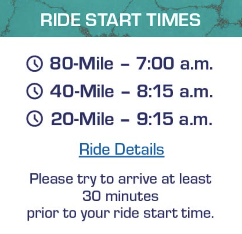 Ride start times. 80 mile 7:00 am. 40 mile 8:15 am. 20 mile 9:15 am. tourdesummerlin.com/rides/ #RideDay #CyclingEvents