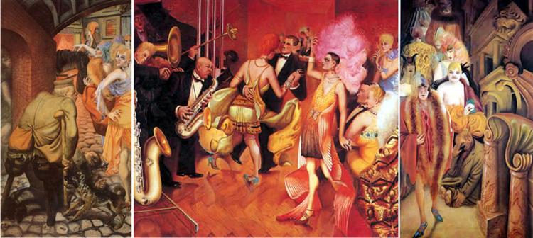 Otto Dix "Metropolis" (1928)

Germany has emerged from the nightmare of street battles and hyperinflation, and now bright young things can dance to jazz, but most Germans are still struggling (and the Great Depression is only a year away).