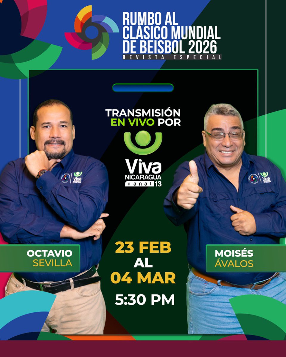 ⚾🔥 ¡Rumbo al Clásico Mundial de Béisbol 2026! 🔥⚾

No te perdas la transmisión EN VIVO por 📺💚 Viva Nicaragua - Canal 13.
🗓️ Del 23 de febrero al 04 de marzo
⏰ 5:30 PM

Con la Octavio Sevilla y Moisés Ávalos 🙌⚾

#ClásicoMundial2026 #Beisbol