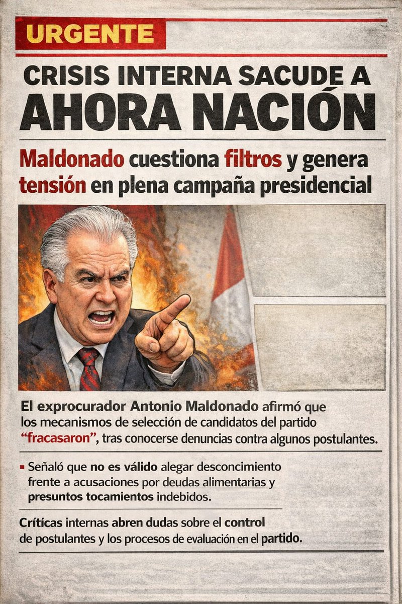 Crisis en Ahora Nación.
Antonio Maldonado cuestiona los filtros del partido y advierte fallas en la selección de candidatos.
Las críticas golpean la campaña presidencial de  López Chau y abren dudas sobre el control interno.

#PolíticaPerú #Elecciones