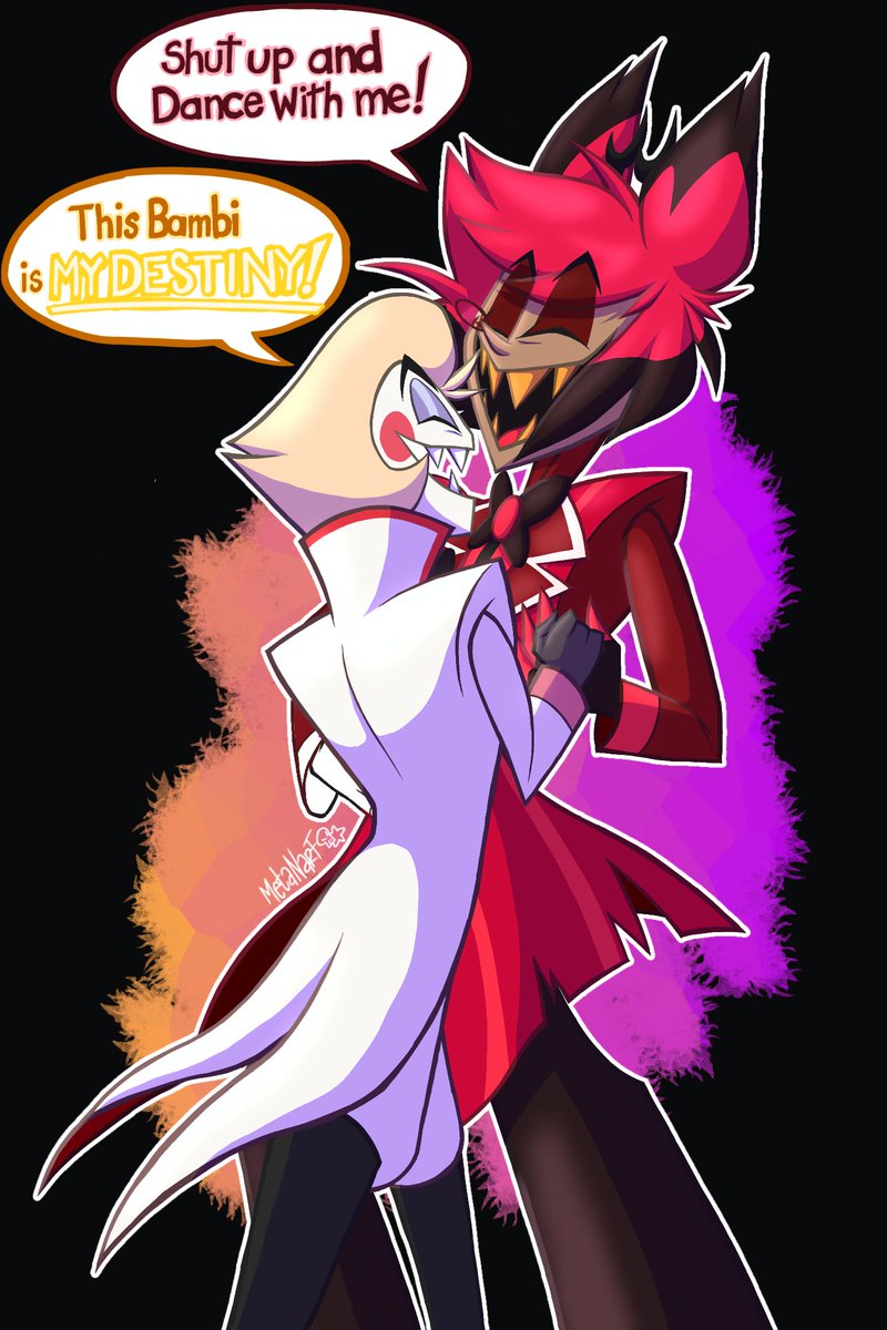 Happy Valentines! /Feliz San Valentín! 📻🍎 
🎶🎵🎶 Shut up and dance with me! 🎵🎶🎵
🍎- Este Bambi es mi destino! 🎶🎵
📻- Cállate y baila conmigo! 🎵🎶
#HazbinHotel #Alastor #LuciferMorningstar #radioapple #ValentinesDay