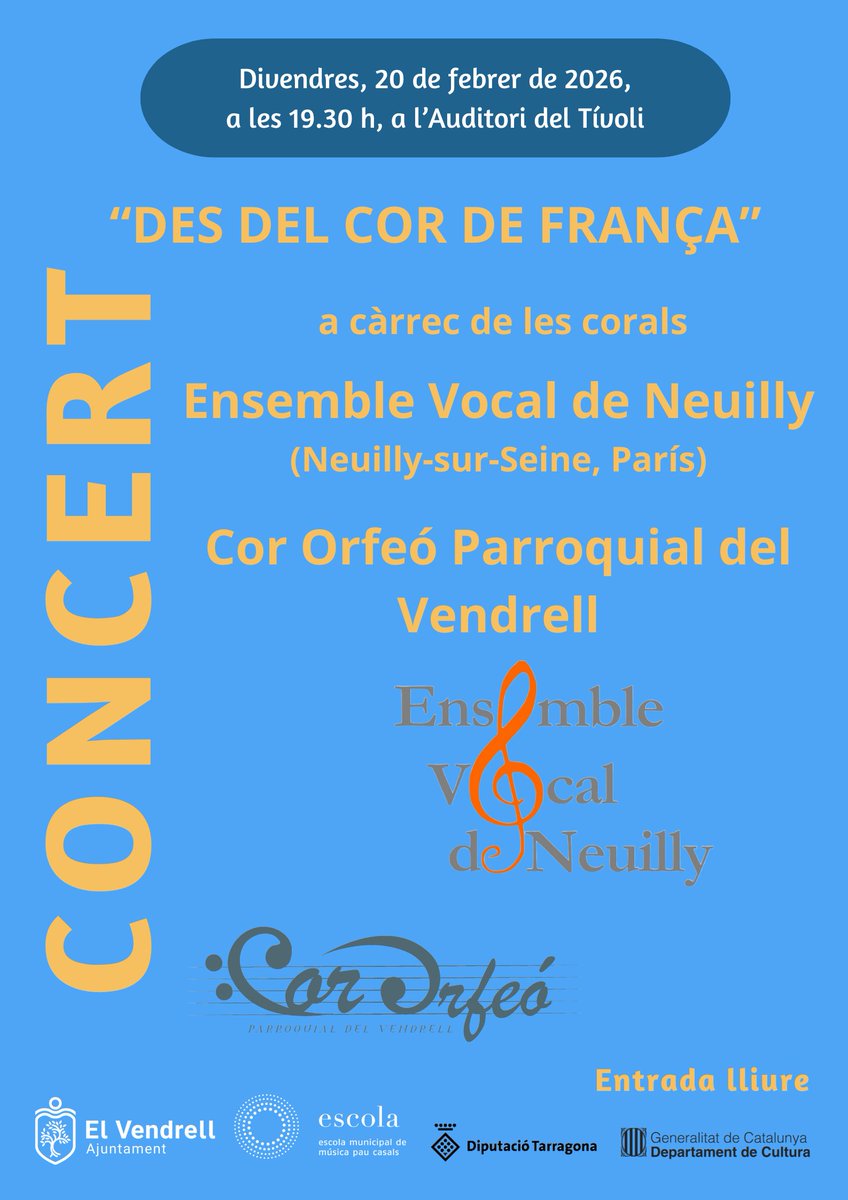 Concert a l'Auditori del Tívoli del Vendrell amb Ensemble Vocal de Neuilly i el Cor Orfeó el proper divendres 20 de febrer a les 19.30 h, no us el perdeu
<a href="/EnsVocalNeuilly/">EnsembleVocalNeuilly</a>