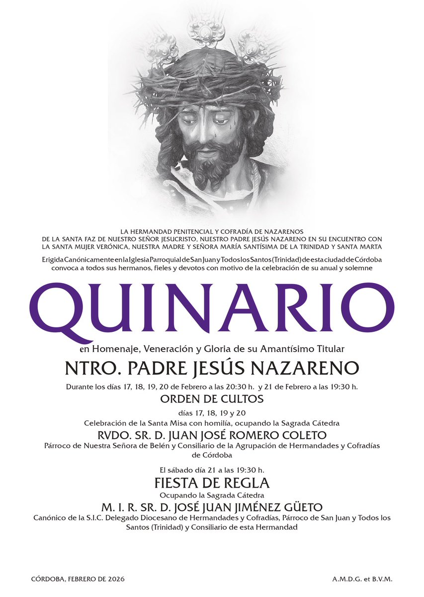 #CultosSF |
Solemnes cultos en honor, gloria y veneración de nuestro Sagrado Titular Nuestro Padre Jesús Nazareno.