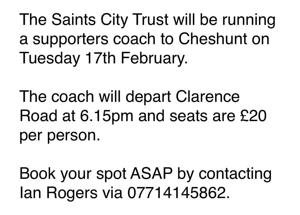 🚌 AWAY TRAVEL 🚌

We will be running a supporters coach to Cheshunt next Tuesday!

Book your seat ASAP ⬇️