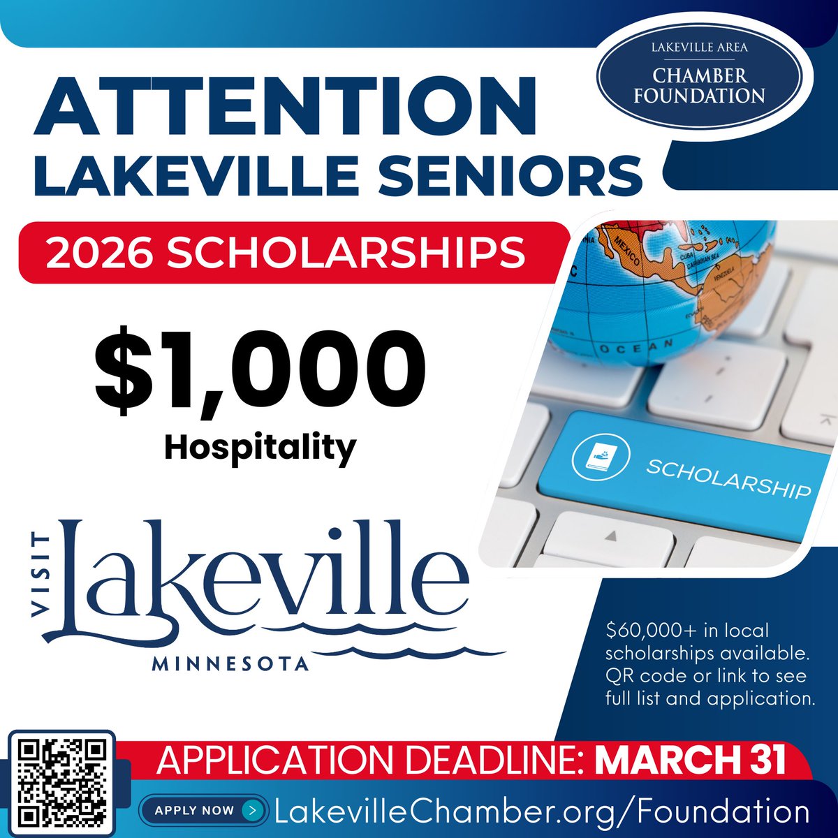 Visit Lakeville is so excited to offer a hospitality and tourism scholarship to a Lakeville Area School (ISD194) high school senior in the class of 2026! 
We welcome you to apply or share this post. Deadline is March 31: docs.google.com/.../1FAIpQLSe8…