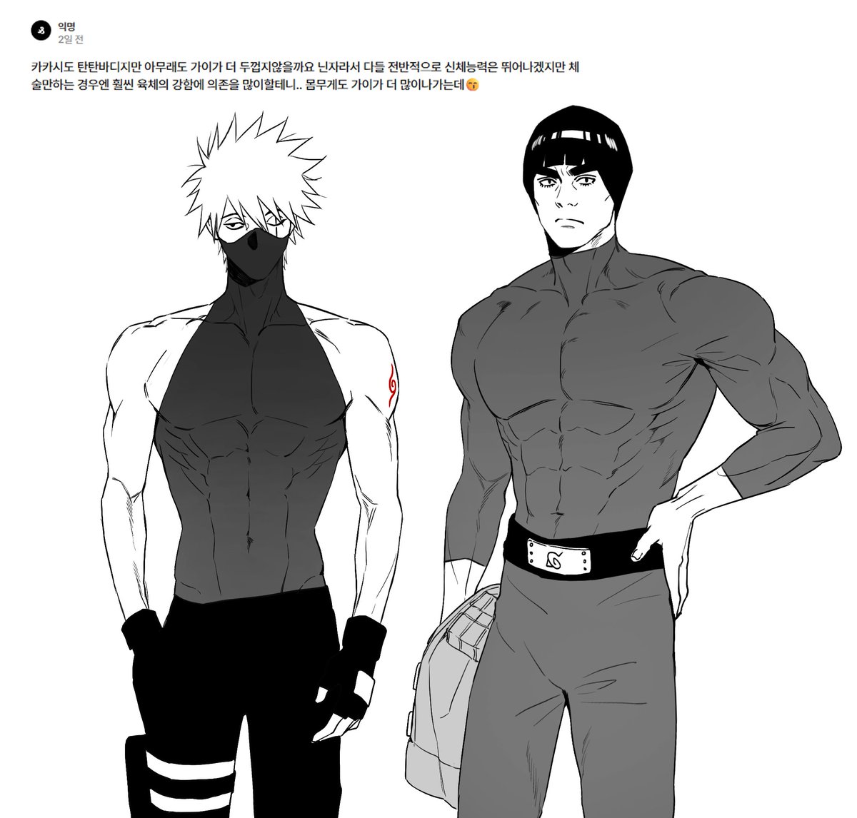 스핀리퀘는 아니지만 또 그려보았습니다 개인적으로 생각하는 체형느낌😊

카카시는 승모근 발달하지 않고 허리 잘록하고 팔이 얇아서 근육 많아도 슬림한 느낌일거같구
가이는 승모근 발달하고 팔 두꺼워서 둔둔한 느낌일거같음.. 근데 또 손발목은 얇아져서 날렵한 느낌은 가져갔으면 좋겠음