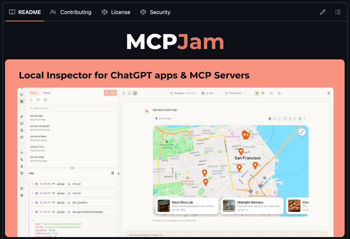 MCPJam is the local inspector for MCP apps and ChatGPT apps.

Build and test locally with:
• Full widget emulator.
• MCP server inspection.
• OAuth debugger.
• LLM playground.

Iterate on your MCP apps faster than testing directly in ChatGPT or Claude.
