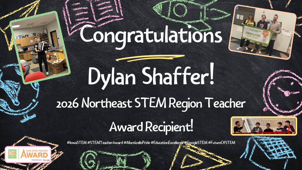 Monti_Panthers's tweet photo. Big news for Monticello! 📷📷
We are incredibly proud to announce that Dylan Shaffer has been named the 2026 Northeast STEM Region Teacher Award Recipient!
Congratulations Mr. Shaffer!
#IowaSTEM #STEMTeacherAward #MonticelloPride #EducationExcellence #GoogleSTEM #FutureOfSTEM https://t.co/Vggsf5EzYh