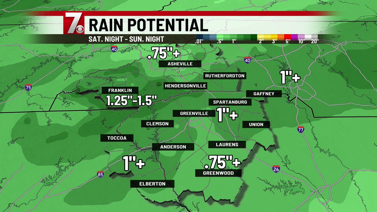 WSPA7's tweet image. SOGGY SUNDAY 🌧️ Heavy rain will move through the Upstate and mountains Sunday, dropping 1"-2" of rain across the area. Stay with 7Weather for the latest updates on the wet weekend. ➡️ wspa.com/weather/heavy-… 

Sponsored by @guyroofing  #rain #greenville #spartanburg #weather