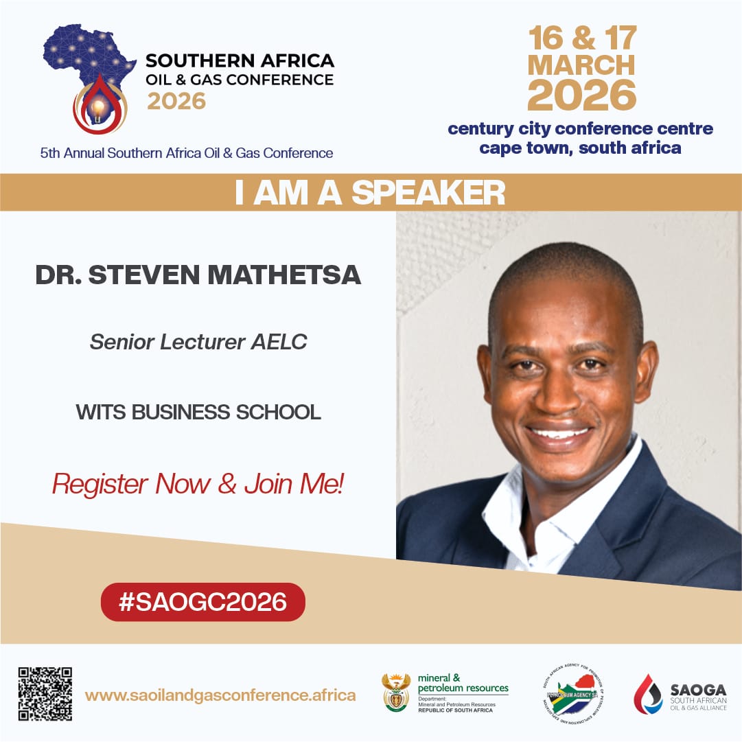 𝗦𝗣𝗘𝗔𝗞𝗘𝗥 𝗔𝗡𝗡𝗢𝗨𝗡𝗖𝗘𝗠𝗘𝗡𝗧

We are pleased to confirm Dr. Steven Mathetsa, Senior Lecturer (AELC) at Wits Business School, as a speaker at the Southern Africa Oil &amp; Gas Conference 2026. His academic and policy expertise adds depth to critical industry conversations.