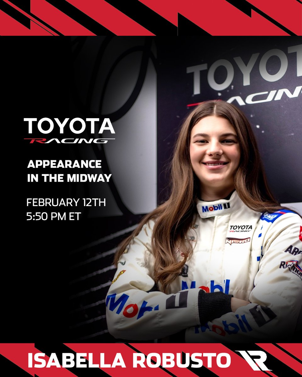 Meet Isabella in the <a href="/DAYTONA/">Daytona International Speedway</a> Midway at the #TeamToyota Racing Experience display.

📅Feb. 12th
⏰5:50 PM ET 

#DrivenDifferent
