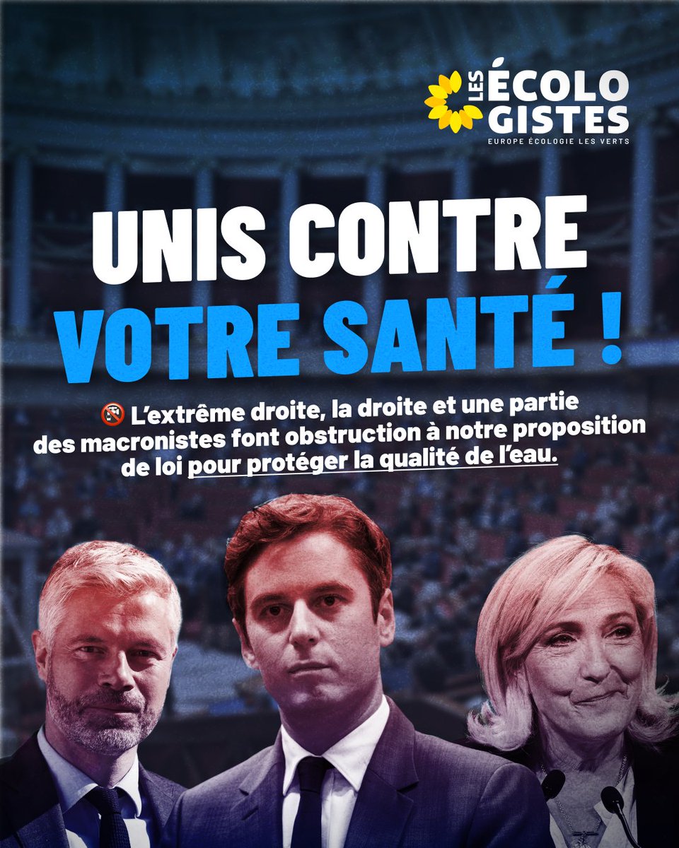💧 L'union des droites existe déjà : la protection de l'eau du robinet ne les intéresse pas.

Nous l'avons encore constaté aujourd'hui : le RN, LR et une partie des macronistes ont tout fait pour nous empêcher de préserver la qualité de l'eau que vous buvez et votre santé.