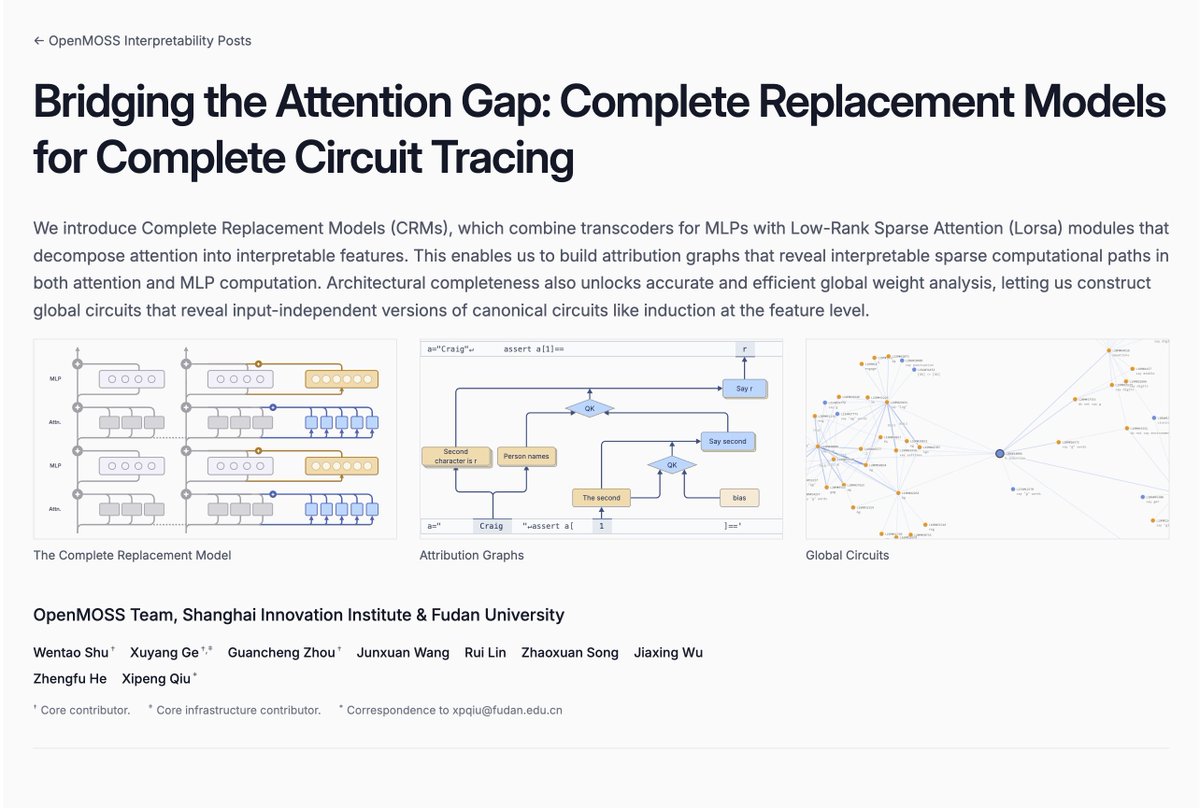 We built a Complete Replacement Model (CRM) that fully sparsifies a language model.

This brings many changes to circuit tracing and global circuits. (1/n)