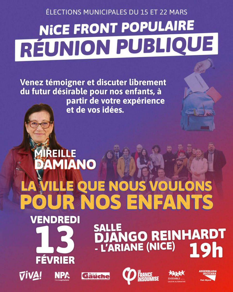 🔴 Rendez-vous demain, vendredi 13 février, à la salle Django Reinhardt à 19h, pour notre réunion publique sur la ville que nous voulons pour nos enfants ! 

#nice06 #nice #municipales #nicefrontpopulaire