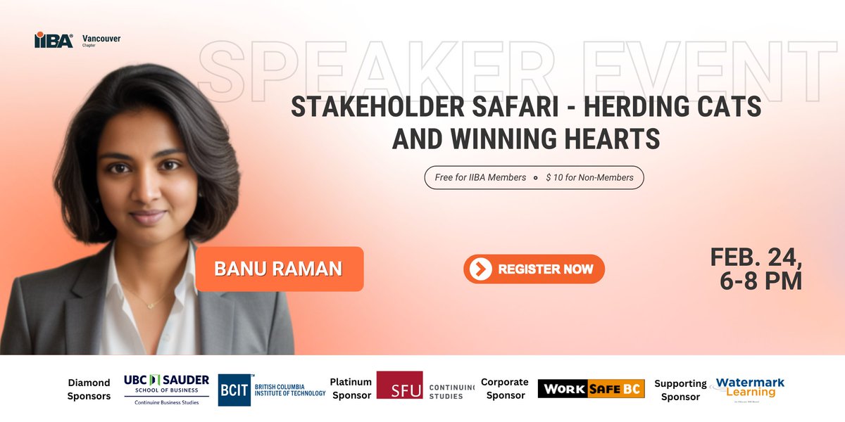 Stakeholder Safari: Date: Tues, Feb 24/26, 6to8pm, online. Join this session to learn:
 Visual stakeholder mapping tools
 Influence &amp; negotiation without authority
 How to turn stakeholders into champions
with Banu Raghuraman
RSVP NOW: eventbrite.ca/e/stakeholder-…
#BA